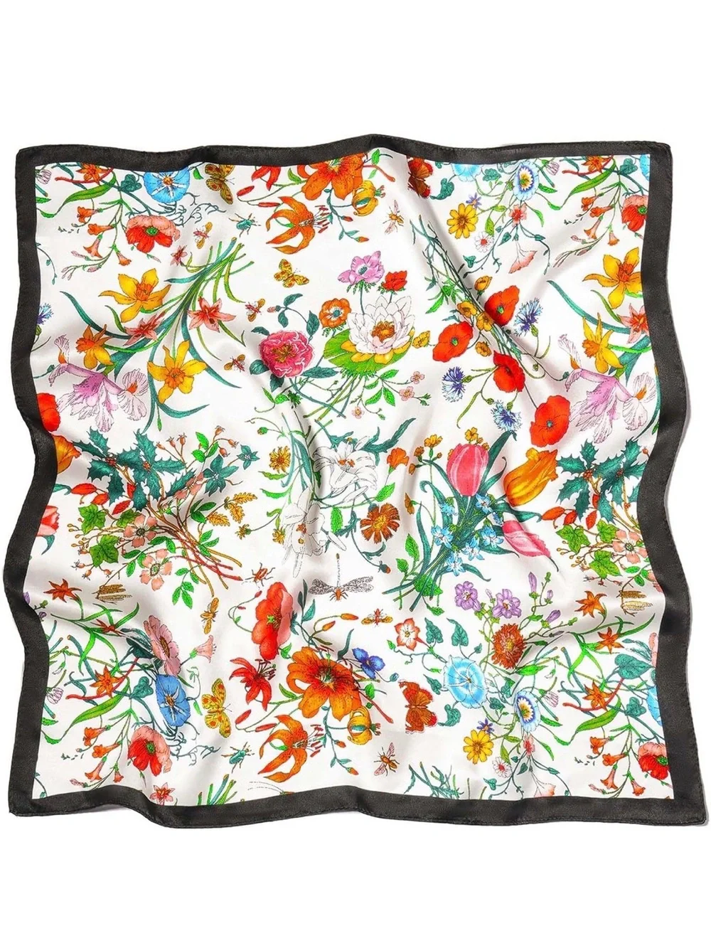 Floral Print Silk-Like Square Scarf in White with Multicolor Blooms
